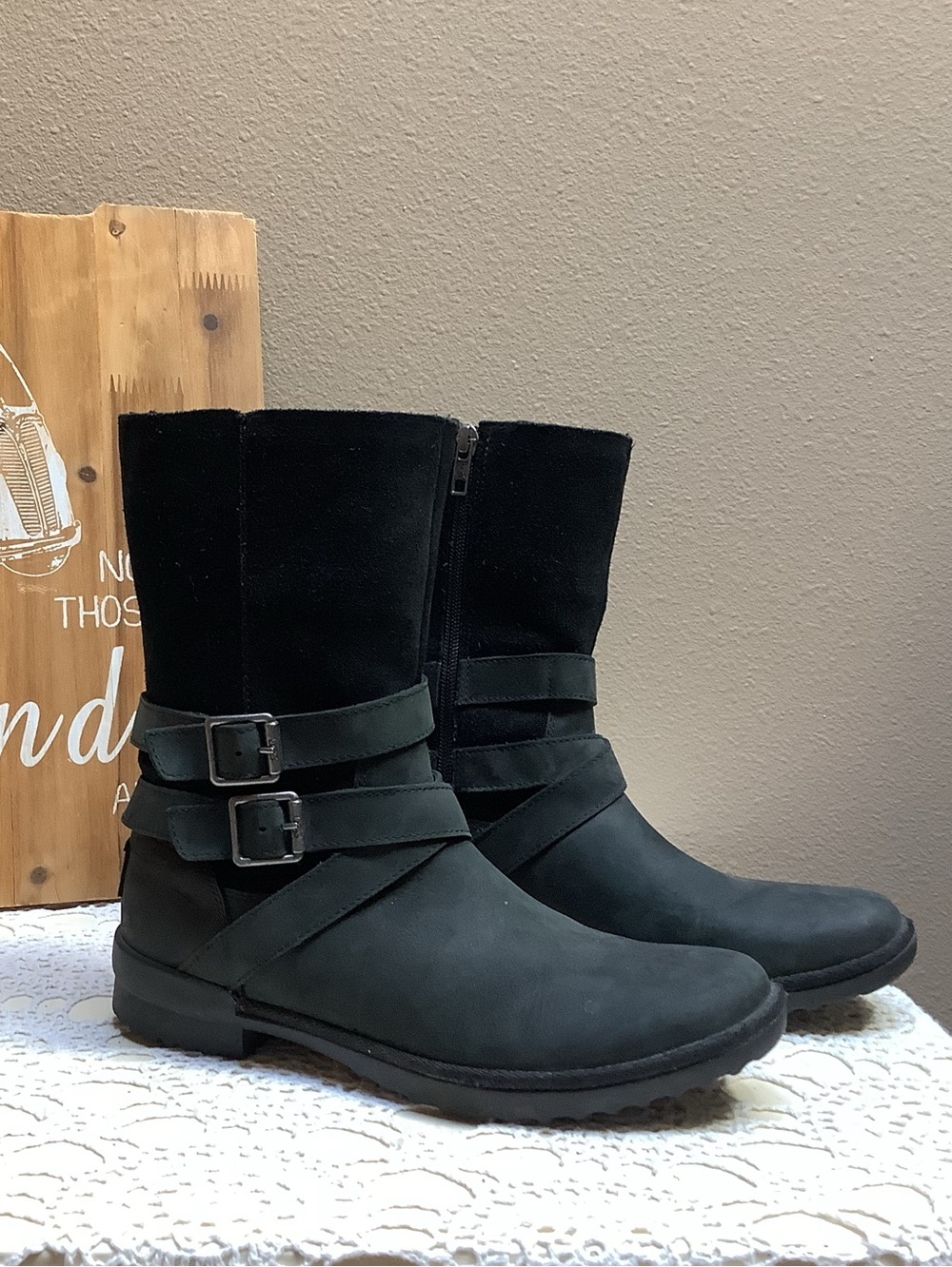 UGG Boots Black Suede and Neoprene Leather Moto Style Boots 'Lorna' Size 8.5